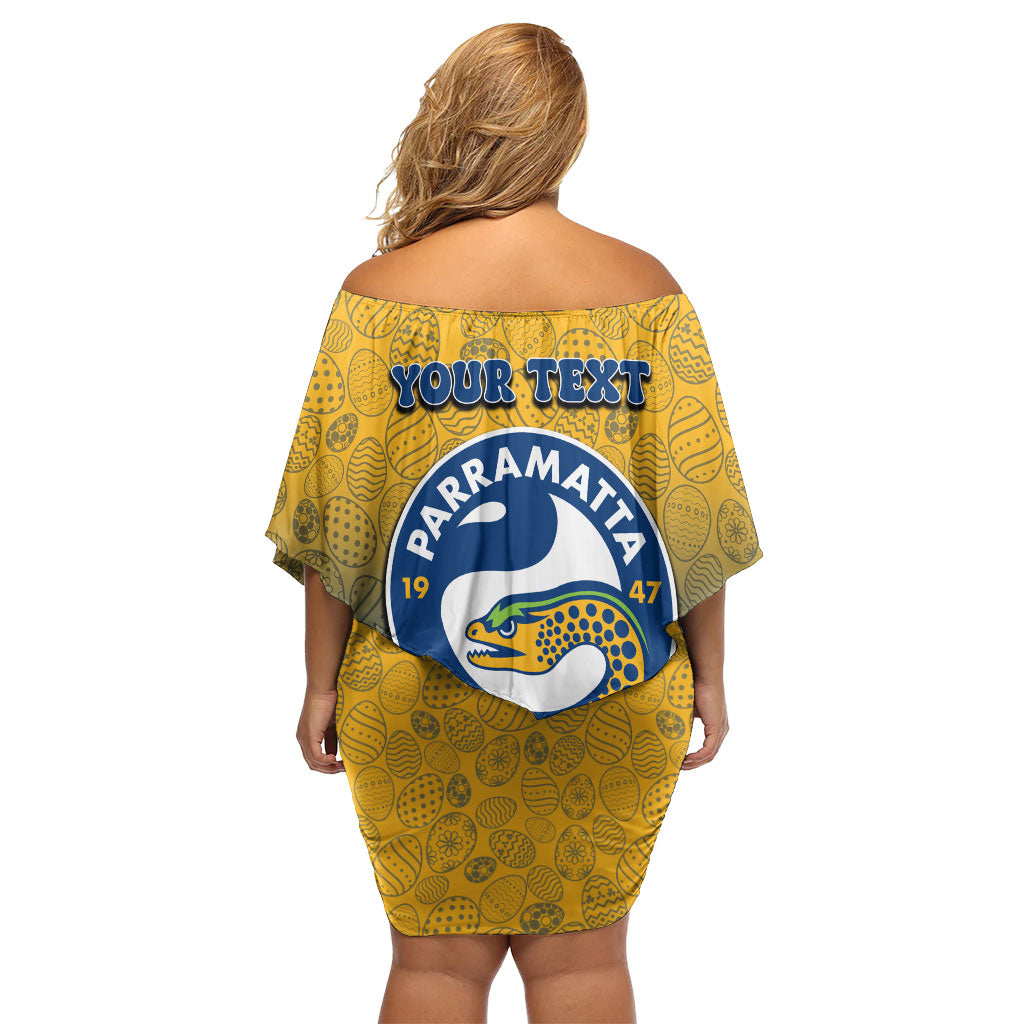Personalized Parramatta Eels Off Shoulder Short Dress Easter Mascot - Colorful Eggs Cartoon Style