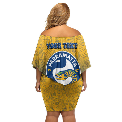 Personalized Parramatta Eels Off Shoulder Short Dress Easter Mascot - Colorful Eggs Cartoon Style