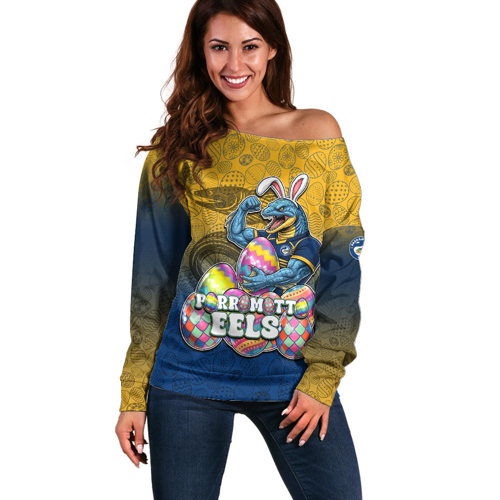 Personalized Parramatta Eels Off Shoulder Sweater Easter Mascot - Colorful Eggs Cartoon Style