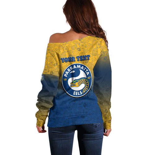 Personalized Parramatta Eels Off Shoulder Sweater Easter Mascot - Colorful Eggs Cartoon Style