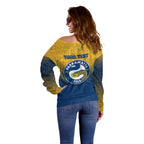 Personalized Parramatta Eels Off Shoulder Sweater Easter Mascot - Colorful Eggs Cartoon Style