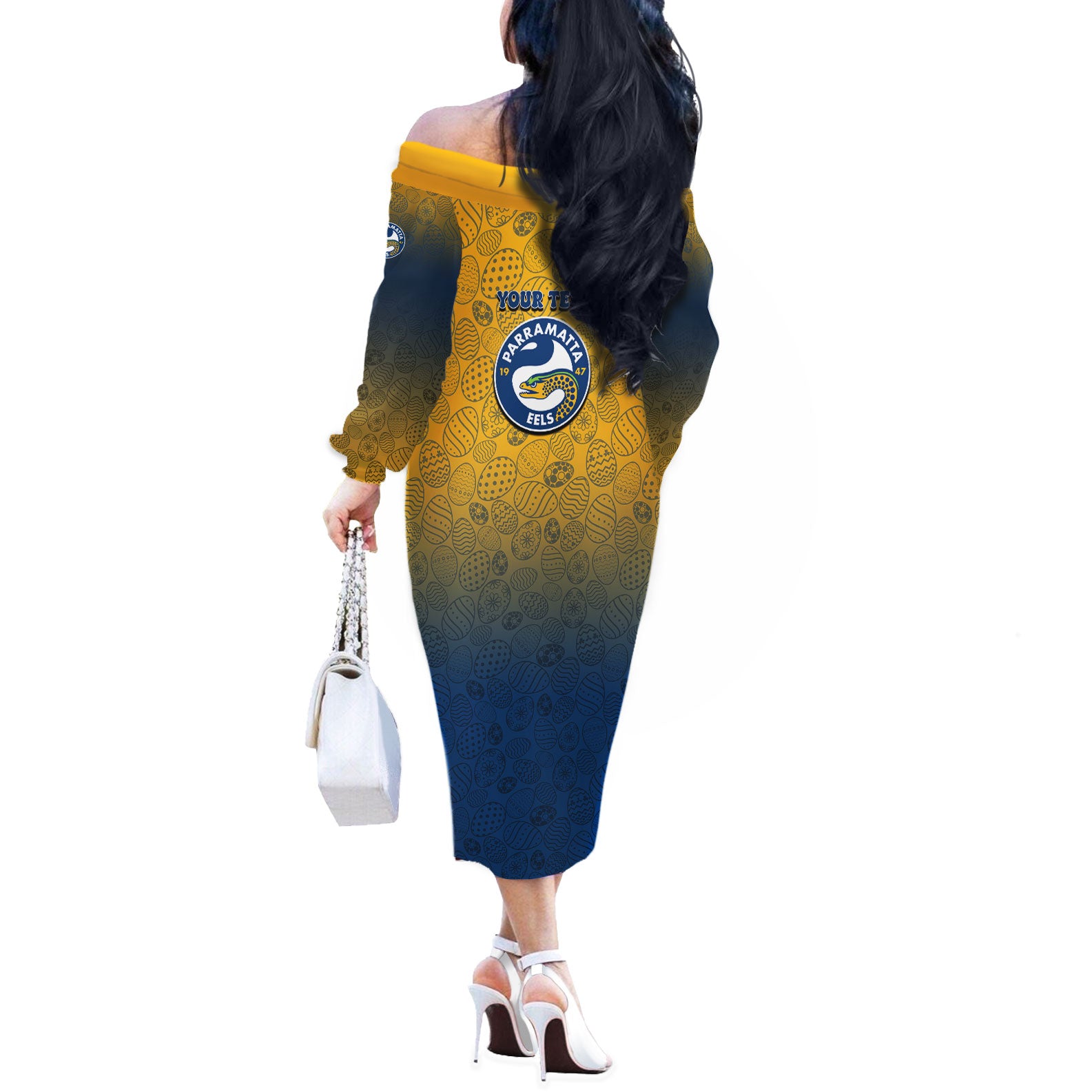 Personalized Parramatta Eels Off The Shoulder Long Sleeve Dress Easter Mascot - Colorful Eggs Cartoon Style