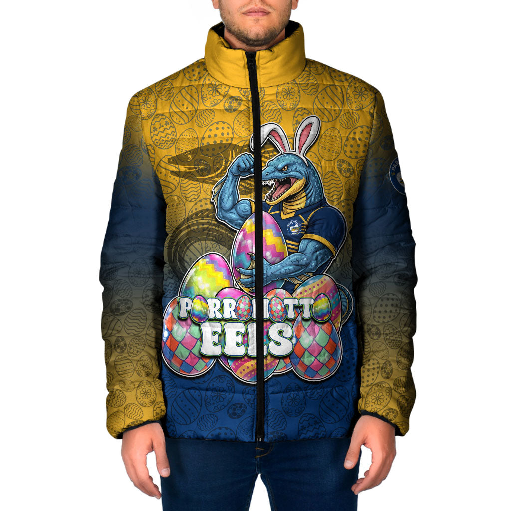 Personalized Parramatta Eels Padded Jacket Easter Mascot - Colorful Eggs Cartoon Style