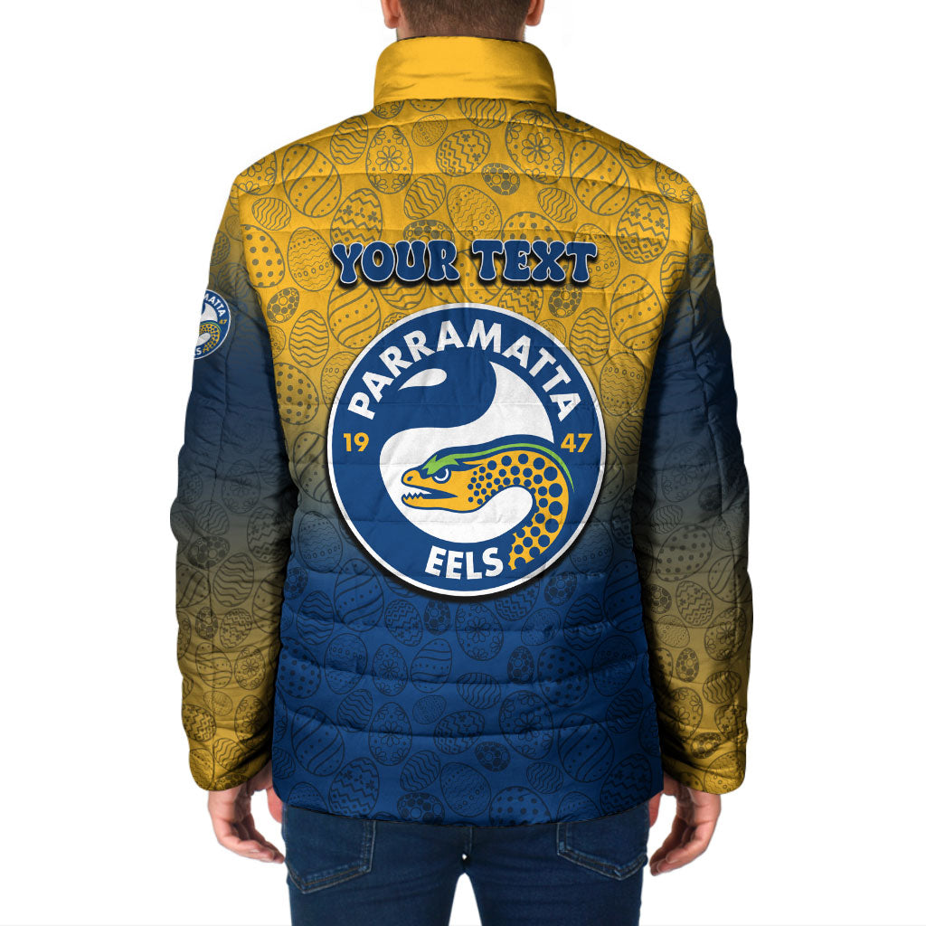 Personalized Parramatta Eels Padded Jacket Easter Mascot - Colorful Eggs Cartoon Style