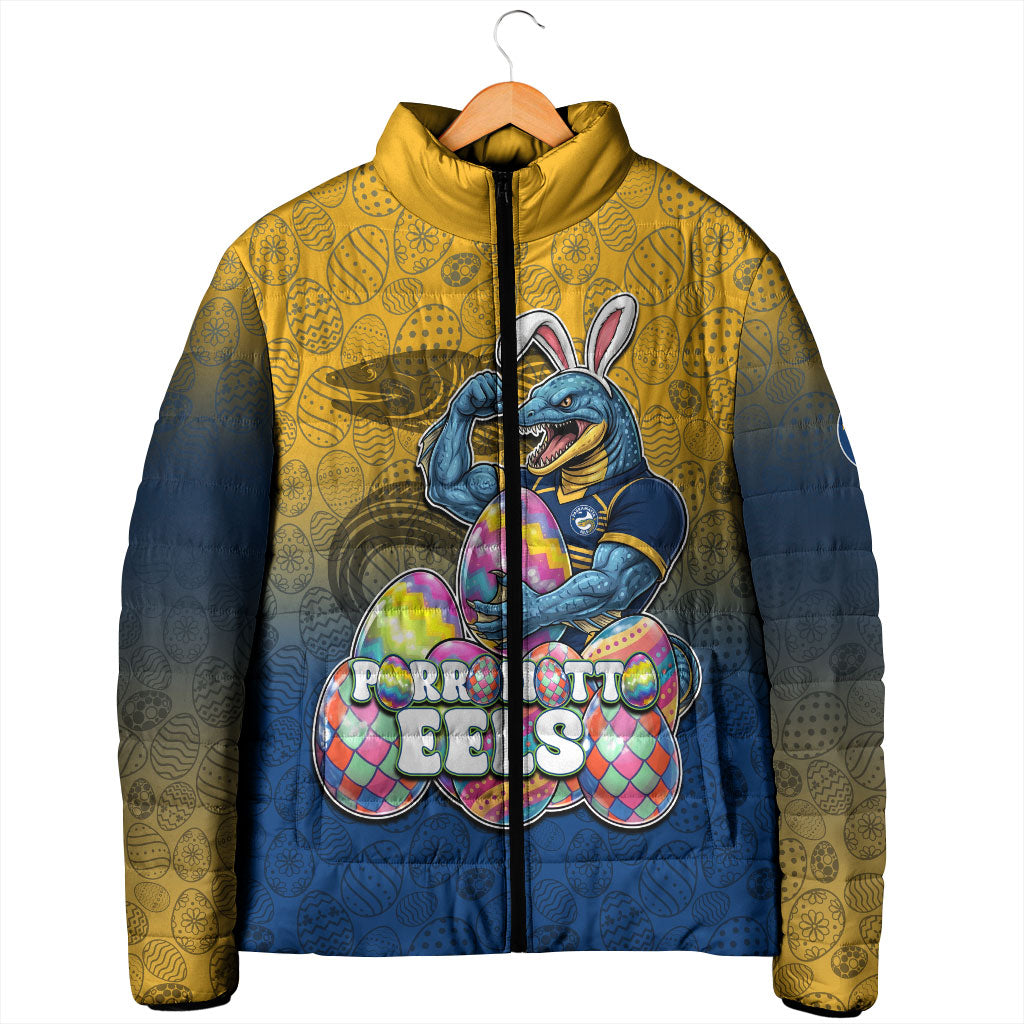 Personalized Parramatta Eels Padded Jacket Easter Mascot - Colorful Eggs Cartoon Style