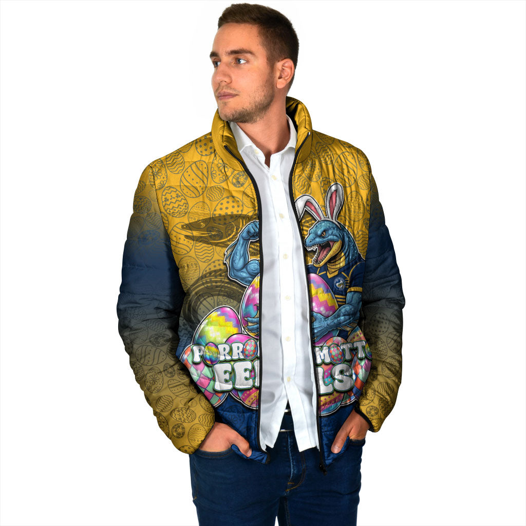 Personalized Parramatta Eels Padded Jacket Easter Mascot - Colorful Eggs Cartoon Style