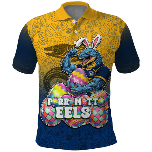 Personalized Parramatta Eels Polo Shirt Easter Mascot - Colorful Eggs Cartoon Style