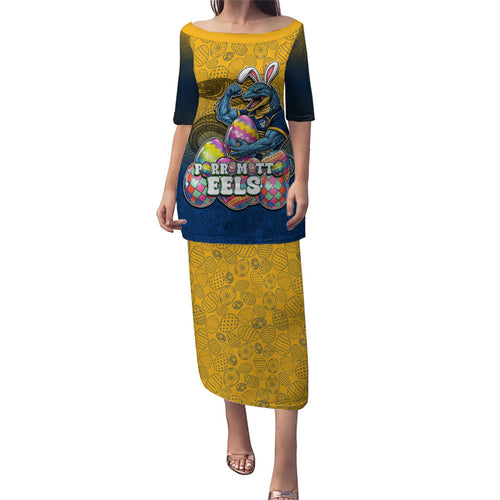 Personalized Parramatta Eels Puletasi Easter Mascot - Colorful Eggs Cartoon Style