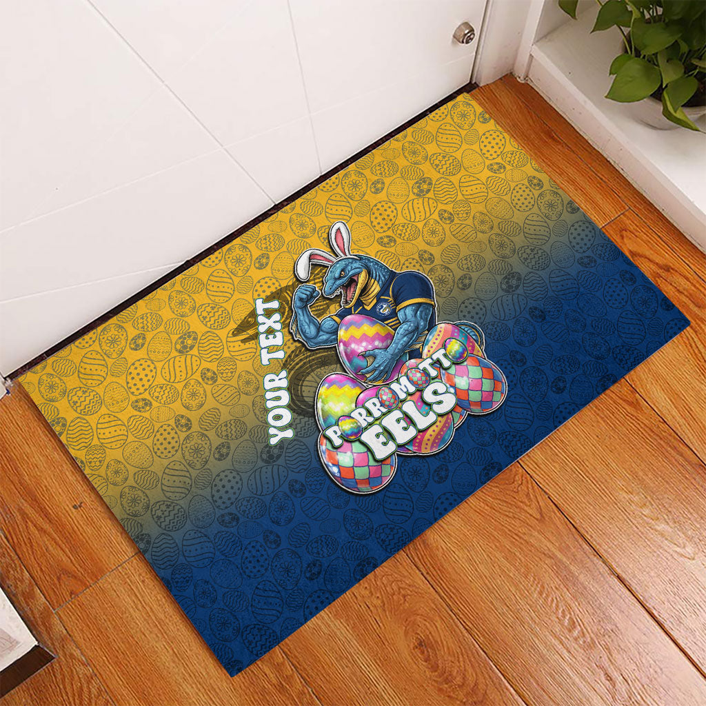 Personalized Parramatta Eels Rubber Doormat Easter Mascot - Colorful Eggs Cartoon Style