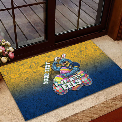 Personalized Parramatta Eels Rubber Doormat Easter Mascot - Colorful Eggs Cartoon Style