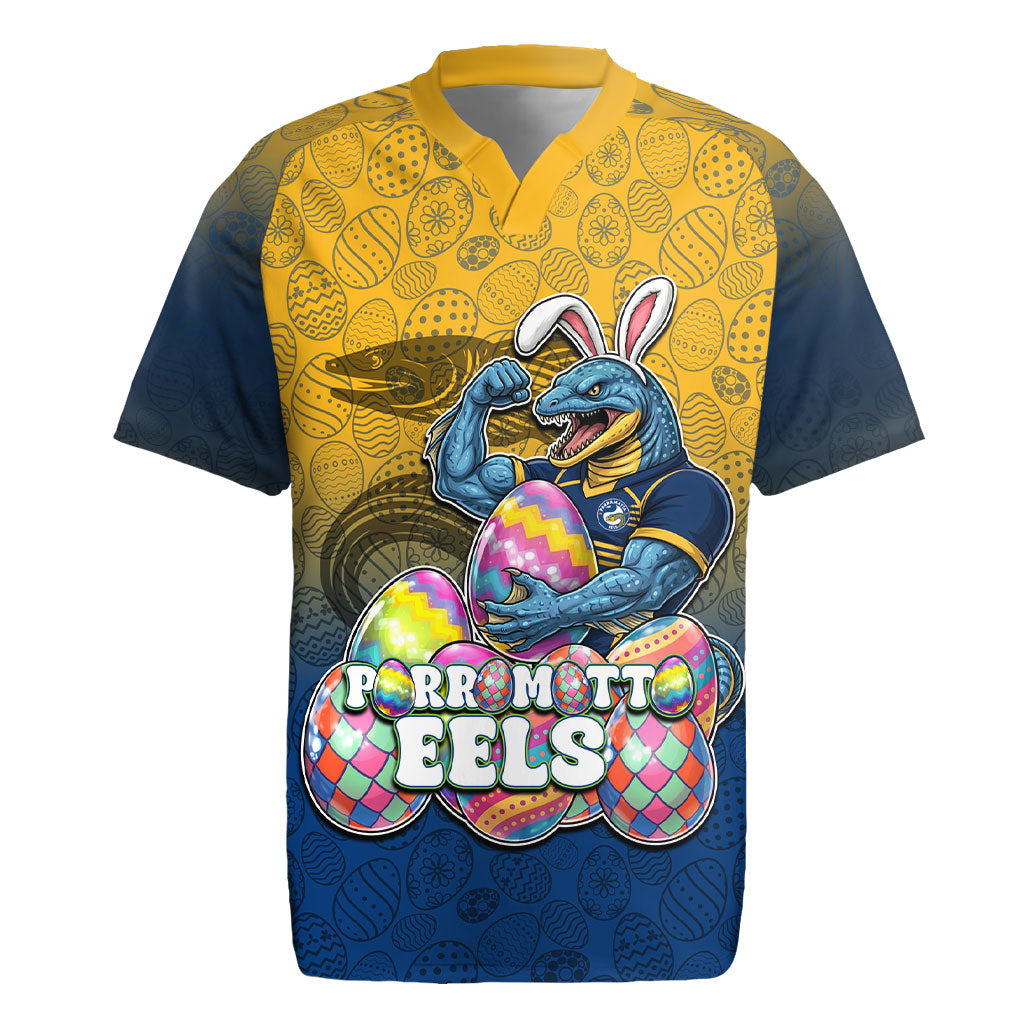 Personalized Parramatta Eels Rugby Jersey Easter Mascot - Colorful Eggs Cartoon Style