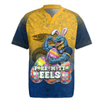 Personalized Parramatta Eels Rugby Jersey Easter Mascot - Colorful Eggs Cartoon Style