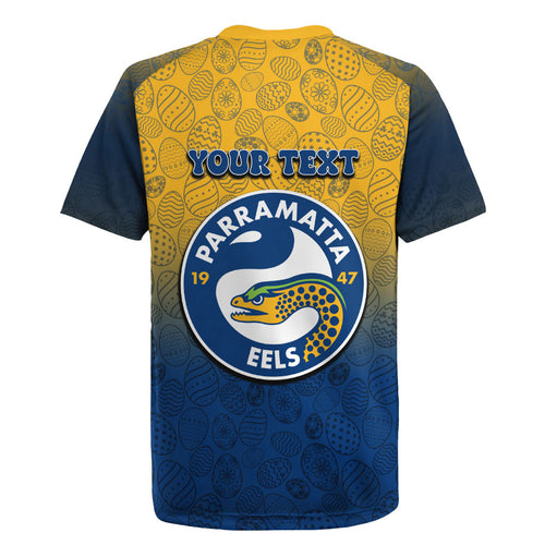 Personalized Parramatta Eels Rugby Jersey Easter Mascot - Colorful Eggs Cartoon Style