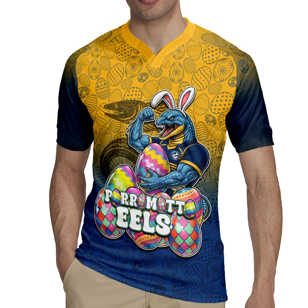 Personalized Parramatta Eels Rugby Jersey Easter Mascot - Colorful Eggs Cartoon Style