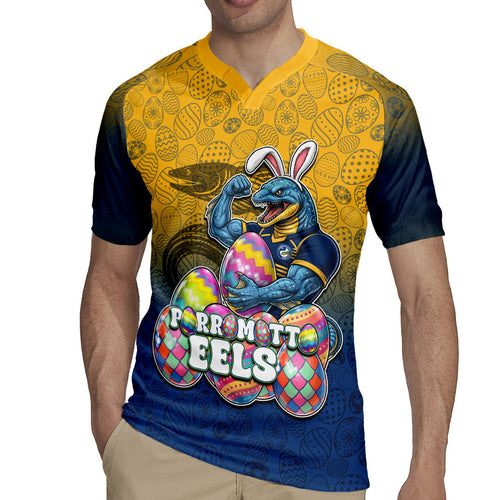 Personalized Parramatta Eels Rugby Jersey Easter Mascot - Colorful Eggs Cartoon Style