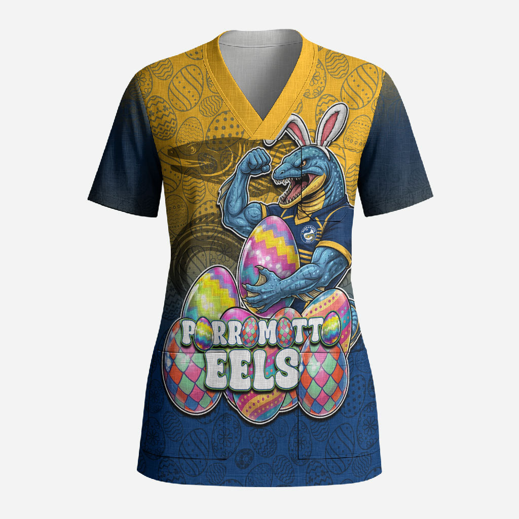 Personalized Parramatta Eels Scrub Top Easter Mascot - Colorful Eggs Cartoon Style