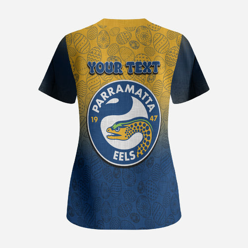 Personalized Parramatta Eels Scrub Top Easter Mascot - Colorful Eggs Cartoon Style