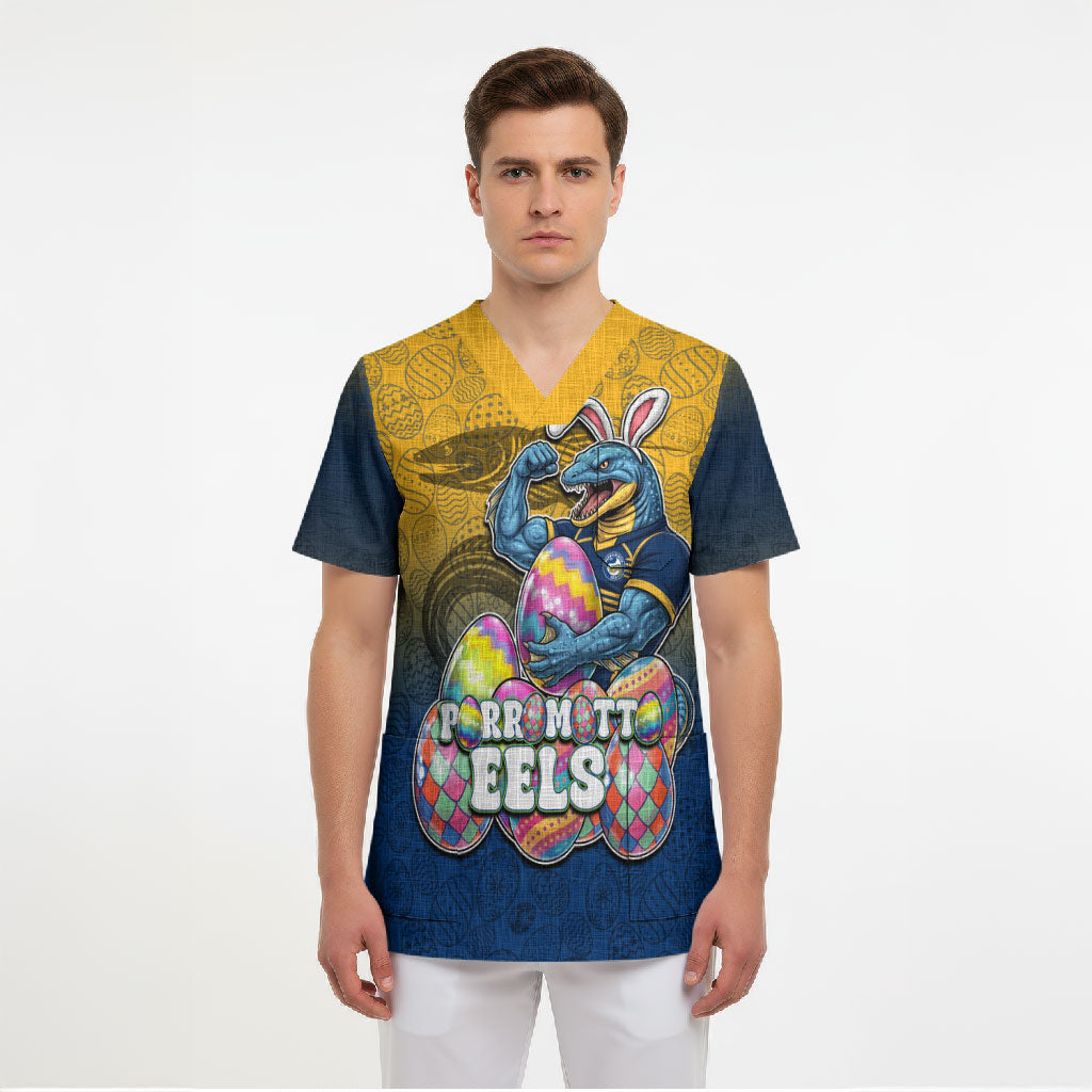 Personalized Parramatta Eels Scrub Top Easter Mascot - Colorful Eggs Cartoon Style