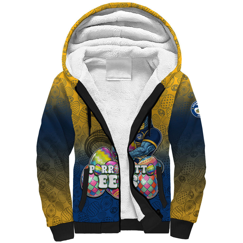 Personalized Parramatta Eels Sherpa Hoodie Easter Mascot - Colorful Eggs Cartoon Style