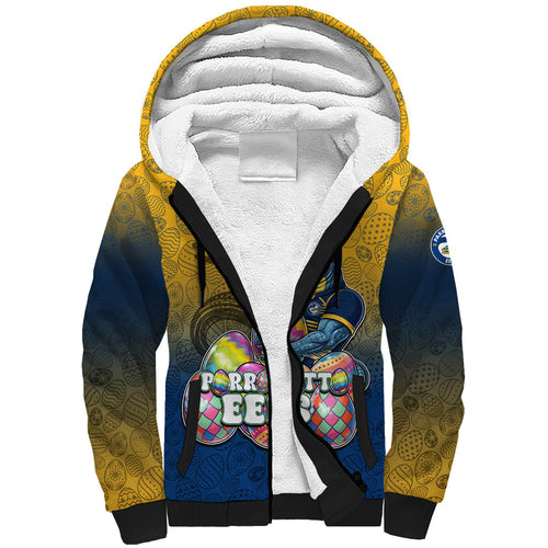 Personalized Parramatta Eels Sherpa Hoodie Easter Mascot - Colorful Eggs Cartoon Style