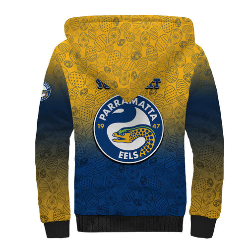 Personalized Parramatta Eels Sherpa Hoodie Easter Mascot - Colorful Eggs Cartoon Style