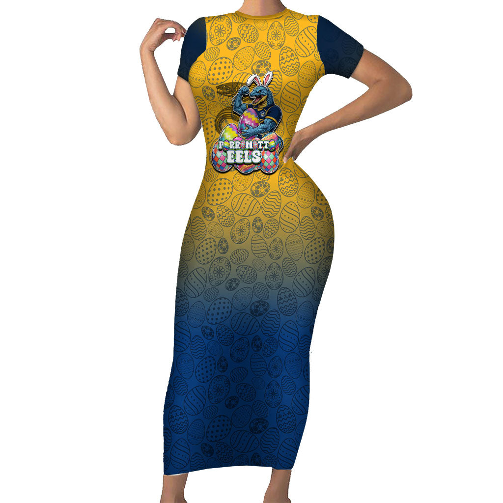 Personalized Parramatta Eels Short Sleeve Bodycon Dress Easter Mascot - Colorful Eggs Cartoon Style