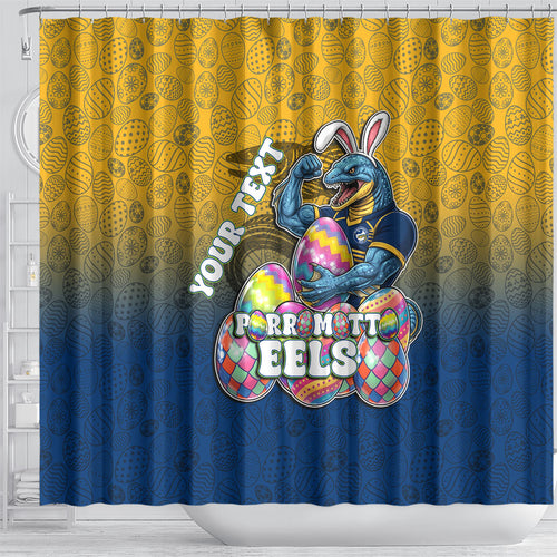 Personalized Parramatta Eels Shower Curtain Easter Mascot - Colorful Eggs Cartoon Style
