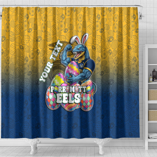 Personalized Parramatta Eels Shower Curtain Easter Mascot - Colorful Eggs Cartoon Style