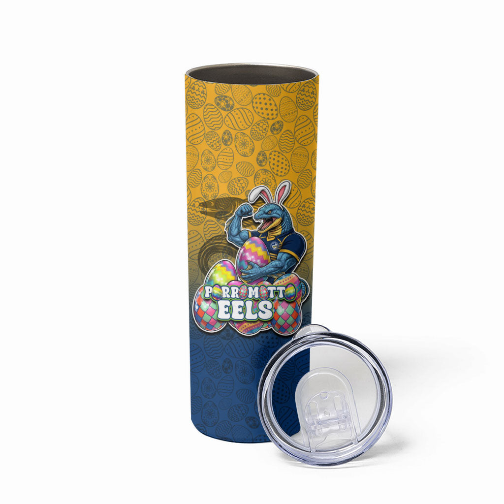 Personalized Parramatta Eels Skinny Tumbler Easter Mascot - Colorful Eggs Cartoon Style