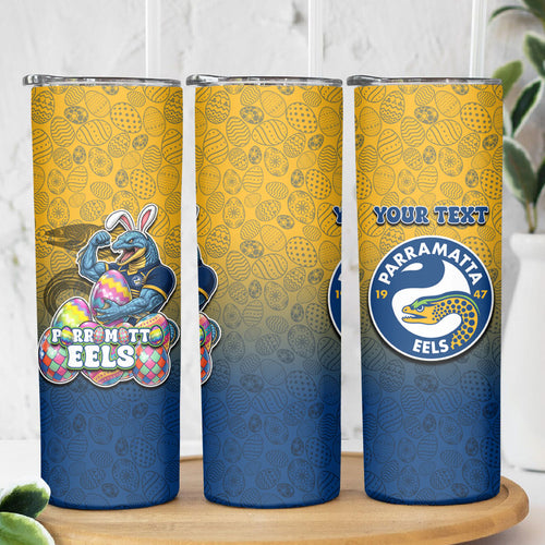 Personalized Parramatta Eels Skinny Tumbler Easter Mascot - Colorful Eggs Cartoon Style
