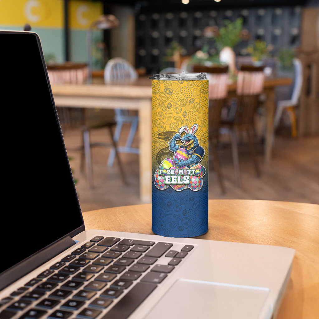 Personalized Parramatta Eels Skinny Tumbler Easter Mascot - Colorful Eggs Cartoon Style