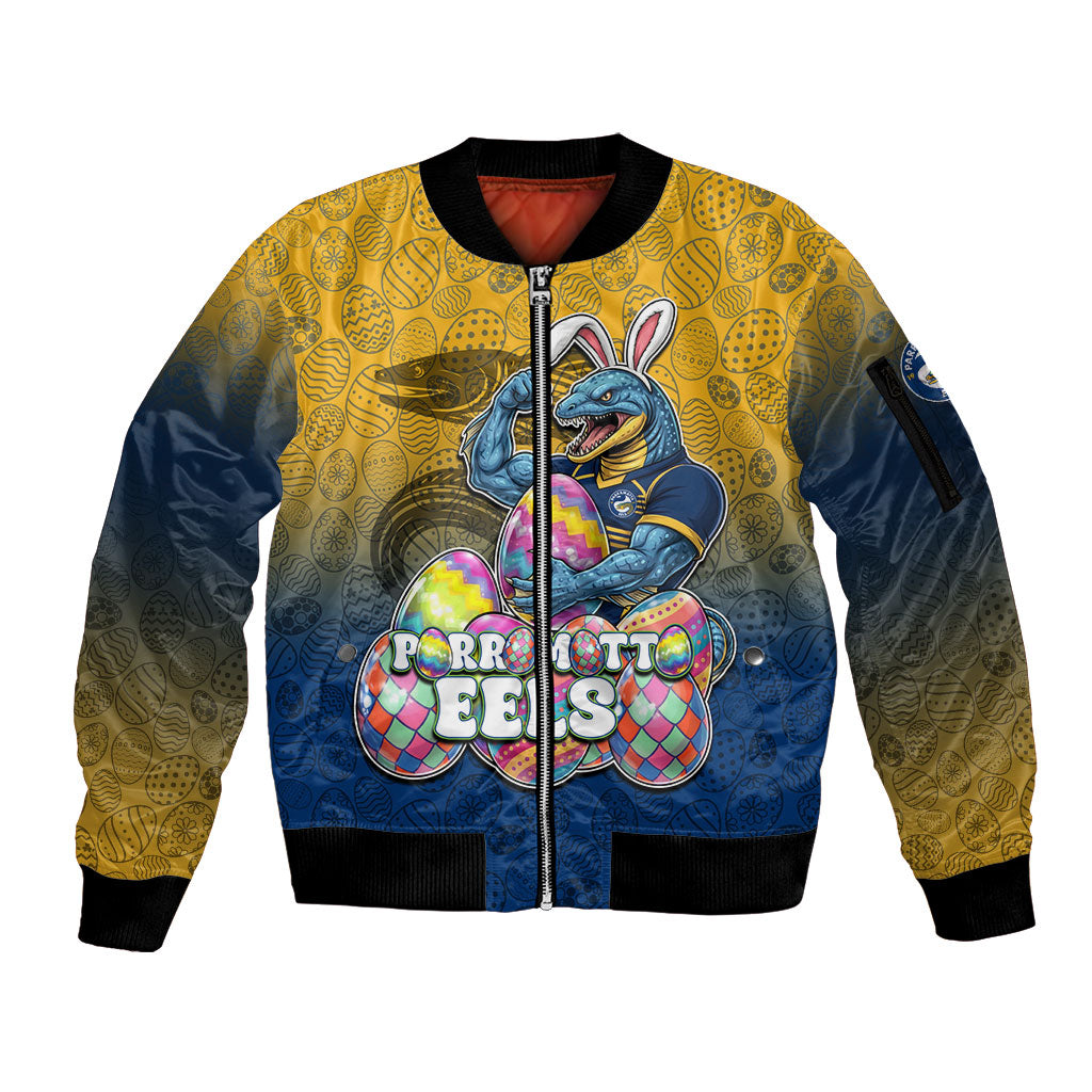 Personalized Parramatta Eels Sleeve Zip Bomber Jacket Easter Mascot - Colorful Eggs Cartoon Style