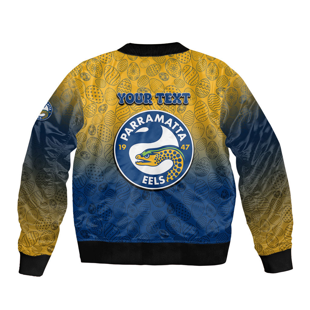 Personalized Parramatta Eels Sleeve Zip Bomber Jacket Easter Mascot - Colorful Eggs Cartoon Style