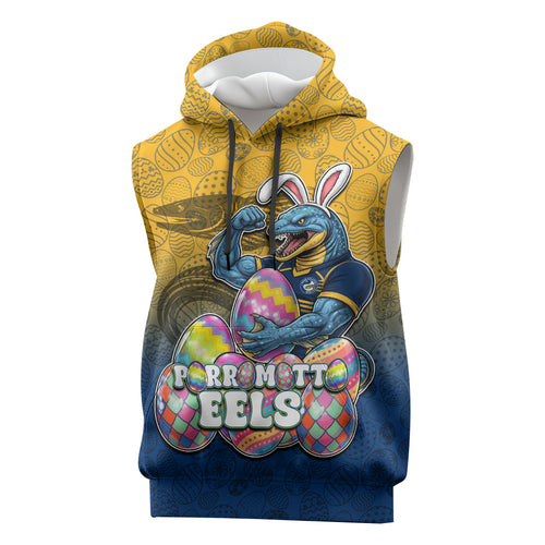 Personalized Parramatta Eels Sleeveless Hoodie Easter Mascot - Colorful Eggs Cartoon Style