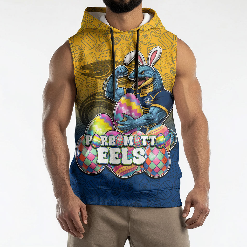 Personalized Parramatta Eels Sleeveless Hoodie Easter Mascot - Colorful Eggs Cartoon Style