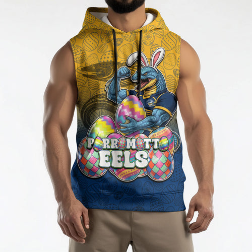 Personalized Parramatta Eels Sleeveless Hoodie Easter Mascot - Colorful Eggs Cartoon Style