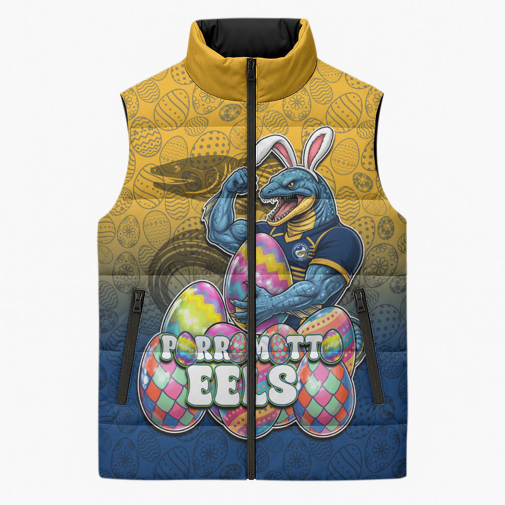 Personalized Parramatta Eels Sleeveless Puffer Jacket Easter Mascot - Colorful Eggs Cartoon Style