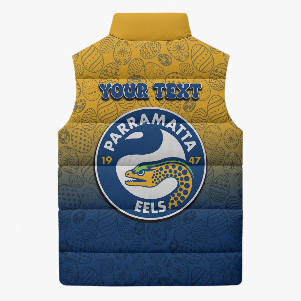 Personalized Parramatta Eels Sleeveless Puffer Jacket Easter Mascot - Colorful Eggs Cartoon Style