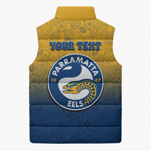 Personalized Parramatta Eels Sleeveless Puffer Jacket Easter Mascot - Colorful Eggs Cartoon Style