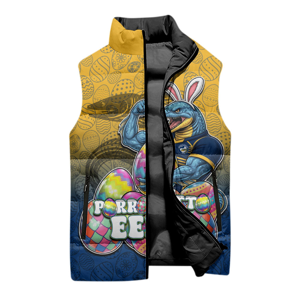 Personalized Parramatta Eels Sleeveless Puffer Jacket Easter Mascot - Colorful Eggs Cartoon Style