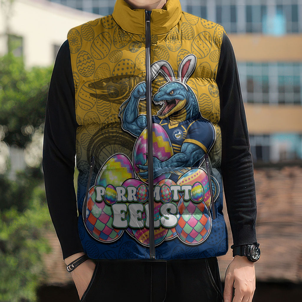 Personalized Parramatta Eels Sleeveless Puffer Jacket Easter Mascot - Colorful Eggs Cartoon Style