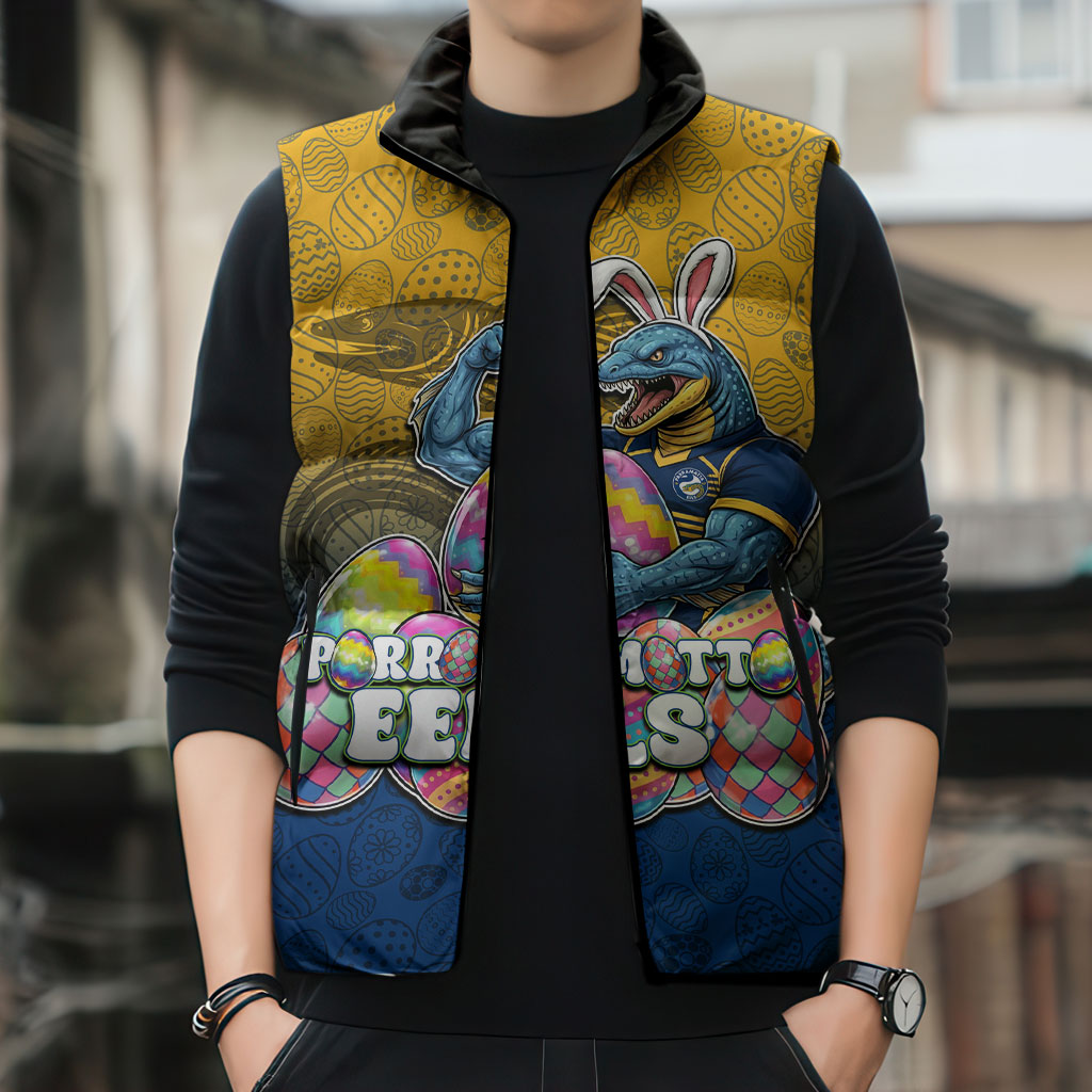 Personalized Parramatta Eels Sleeveless Puffer Jacket Easter Mascot - Colorful Eggs Cartoon Style
