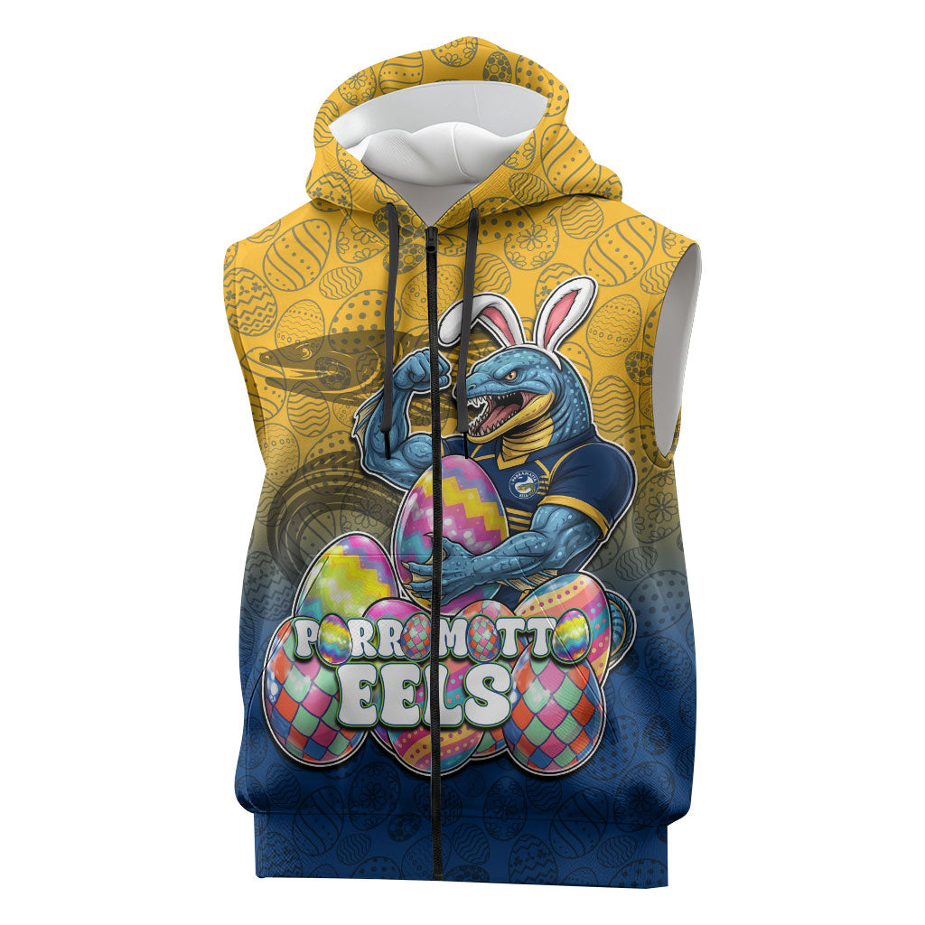 Personalized Parramatta Eels Sleeveless Zip Hoodie Easter Mascot - Colorful Eggs Cartoon Style