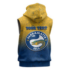 Personalized Parramatta Eels Sleeveless Zip Hoodie Easter Mascot - Colorful Eggs Cartoon Style