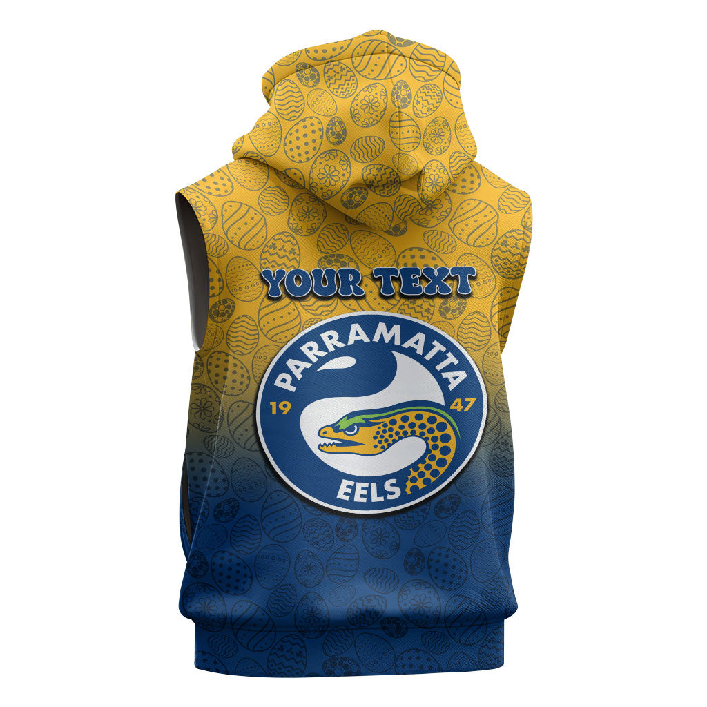 Personalized Parramatta Eels Sleeveless Zip Hoodie Easter Mascot - Colorful Eggs Cartoon Style