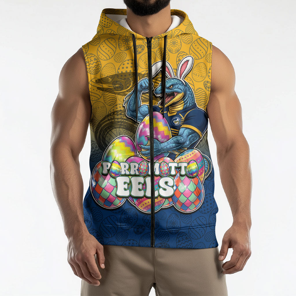 Personalized Parramatta Eels Sleeveless Zip Hoodie Easter Mascot - Colorful Eggs Cartoon Style