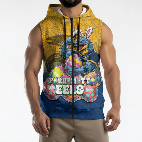 Personalized Parramatta Eels Sleeveless Zip Hoodie Easter Mascot - Colorful Eggs Cartoon Style