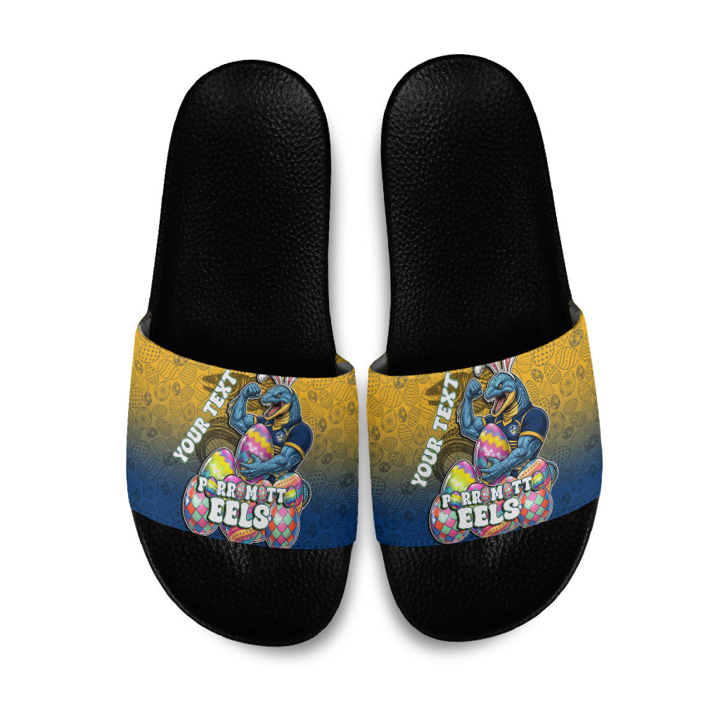 Personalized Parramatta Eels Slide Sandals Easter Mascot - Colorful Eggs Cartoon Style