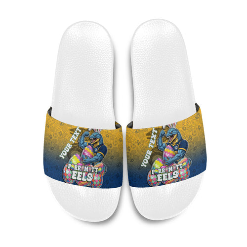 Personalized Parramatta Eels Slide Sandals Easter Mascot - Colorful Eggs Cartoon Style