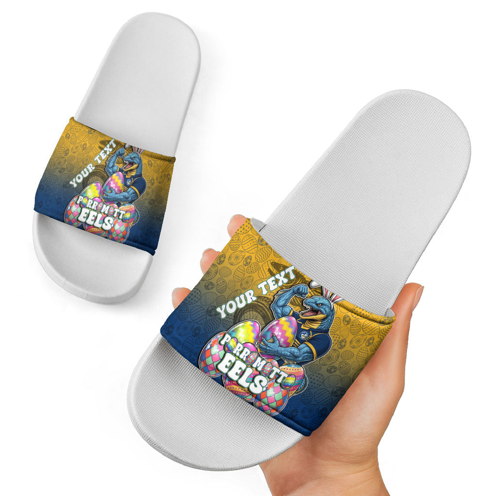Personalized Parramatta Eels Slide Sandals Easter Mascot - Colorful Eggs Cartoon Style